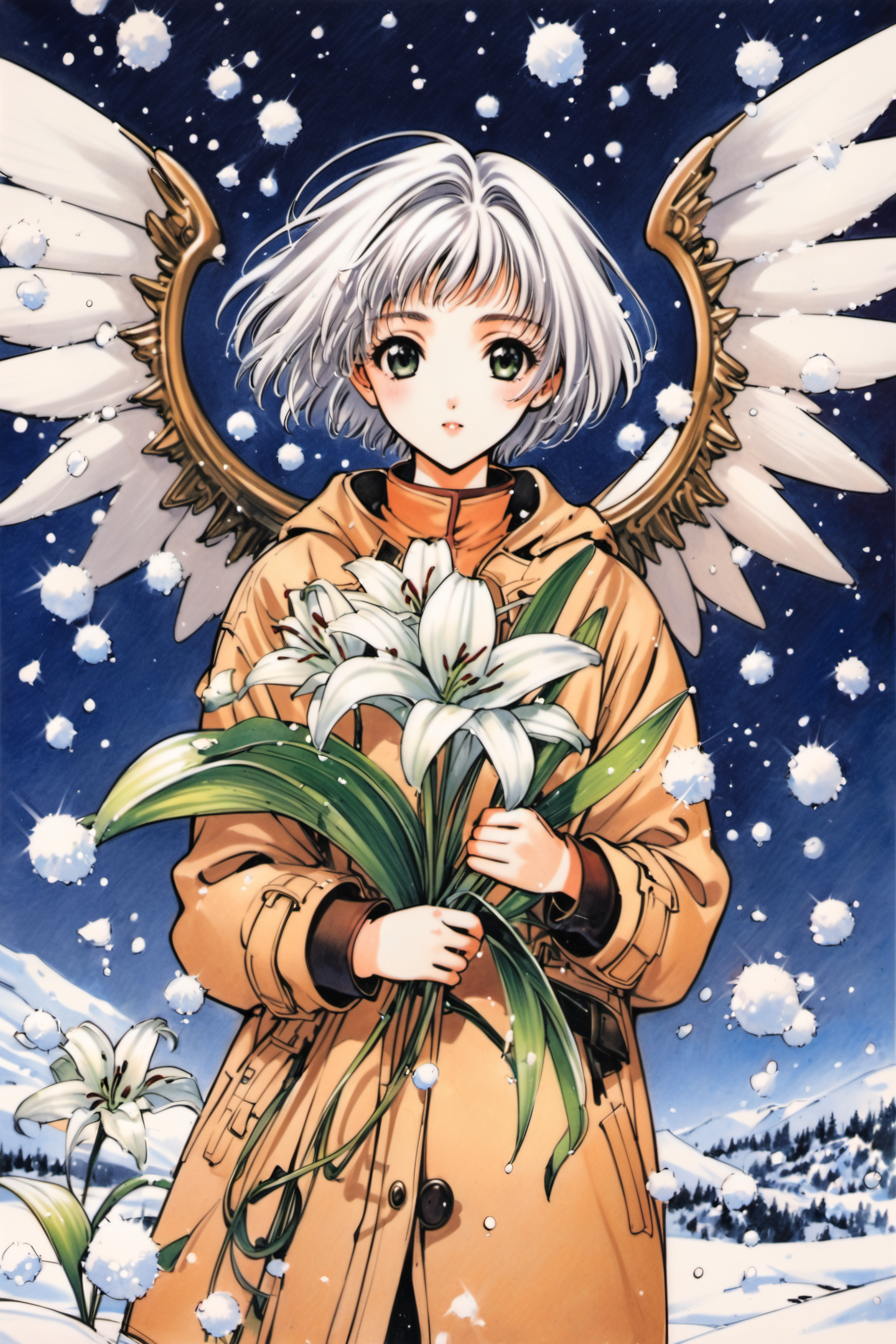 24743-3955671802-Sue, 1girl, solo, flower, 1990s (style), lily (flower), short hair, white hair, retro artstyle, hood, wings, coat, long sleeves,.png